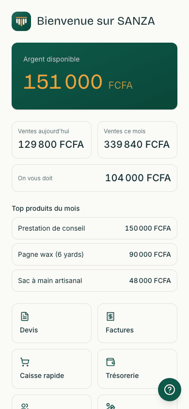 Le tableau de bord dirigeant : trésorerie consolidée, ventes du jour, créances en retard, alertes — le tout en un seul écran, au réveil.