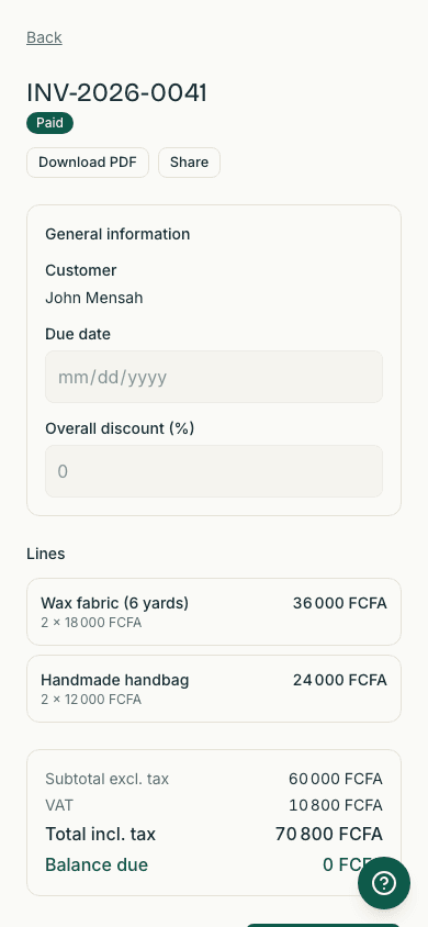 An invoice PDF delivered straight into a WhatsApp conversation, ready to forward to the customer without leaving the app.