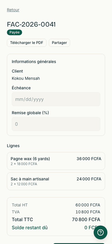 Une facture PDF reçue directement dans une conversation WhatsApp, prête à être transférée au client sans quitter l'application.