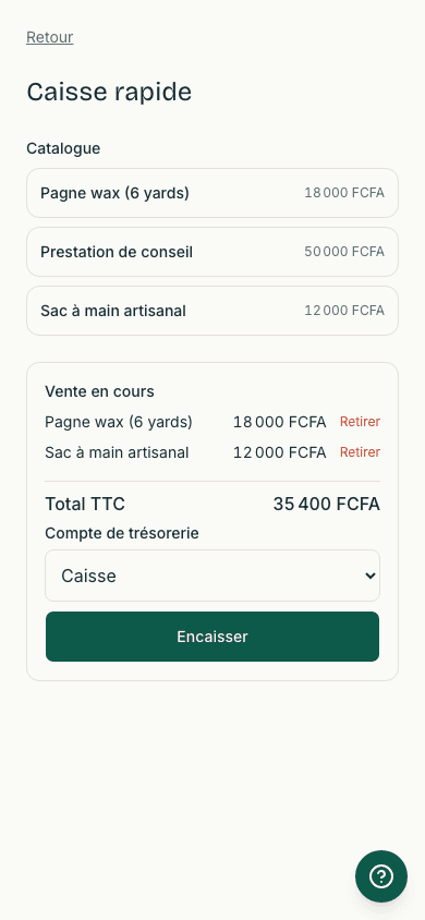 Le mode caisse : sélection des produits, encaissement et reçu généré en moins de 30 secondes, y compris sans connexion internet.